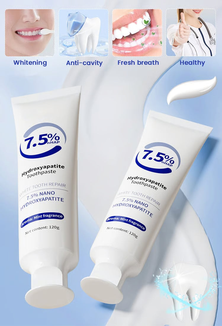 7.5% Hydroxyapatite Toothpaste(Fluoride Free), Nano Hydroxyapatite Toothpaste for Sensitive Teeth, Enamel Protection, Tooth Strengthening, Fresh Mint Flavor, Daily Use for Oral Care