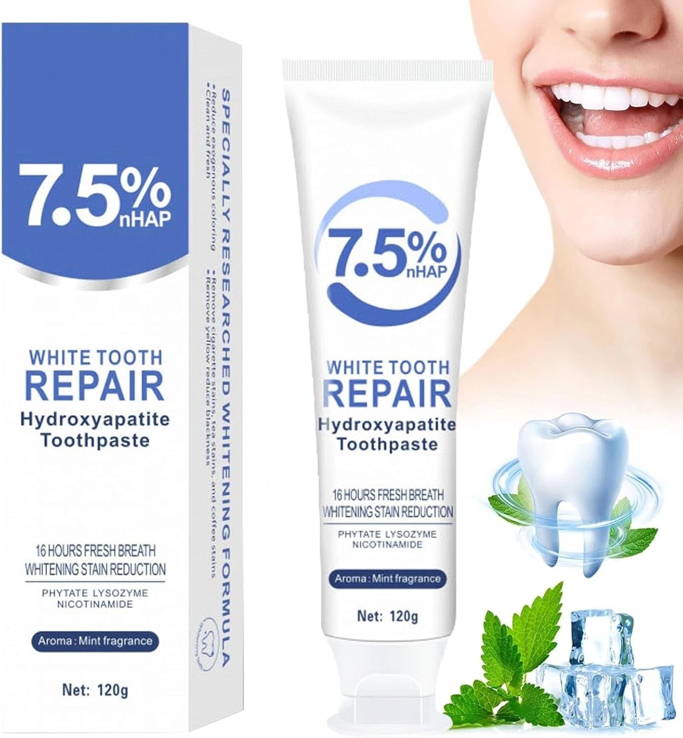 7.5% Hydroxyapatite Toothpaste(Fluoride Free), Nano Hydroxyapatite Toothpaste for Sensitive Teeth, Enamel Protection, Tooth Strengthening, Fresh Mint Flavor, Daily Use for Oral Care