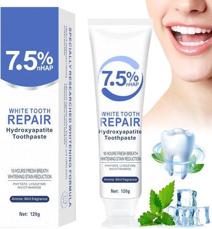 7.5% Hydroxyapatite Toothpaste(Fluoride Free), Nano Hydroxyapatite Toothpaste for Sensitive Teeth, Enamel Protection, Tooth Strengthening, Fresh Mint Flavor, Daily Use for Oral Care